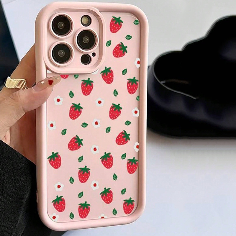 Cute Strawberry & Ditsy Floral Pattern Pink TPU Shockproof Phne Case For iPhone 11 12 13 14 15 16 Pr