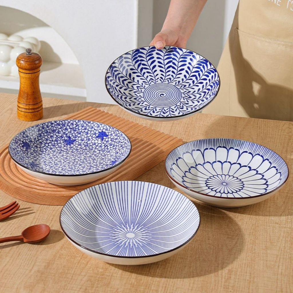 Piring Keramik Motif Jepang Vintage Piring Makan Keramik Motif Tradisional Jepang Sunburst Lines/Dau