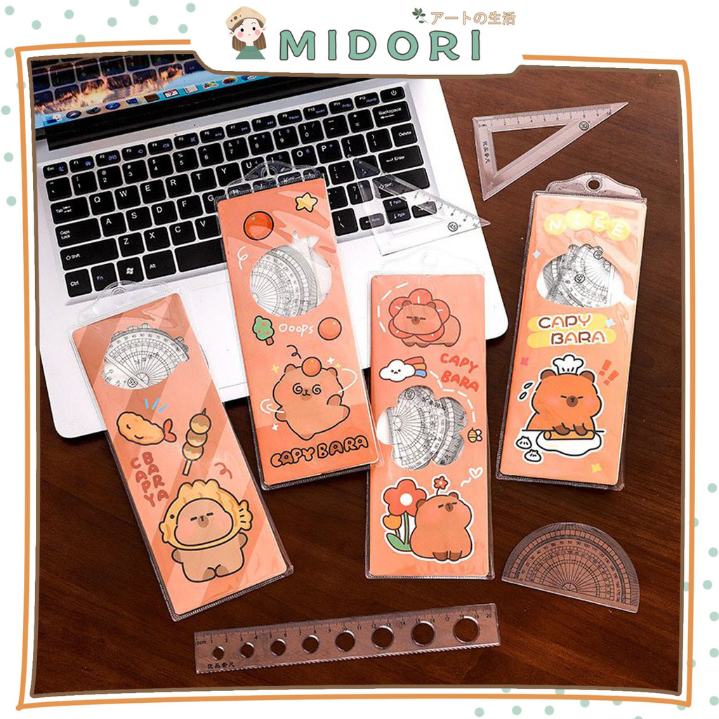 

[MIDORI] RULER SET CAPYBARA Penggaris Segitiga Busur Derajat Transparant Ruler Lucu - F0344