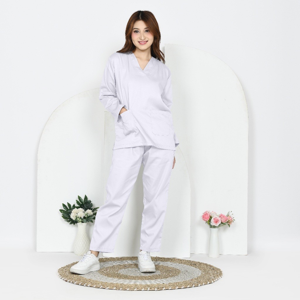 New Baju OK Lengan Panjang Warna Putih Scrub Medis Untuk Jaga Dokter Perawat dan Bidan Bahan America