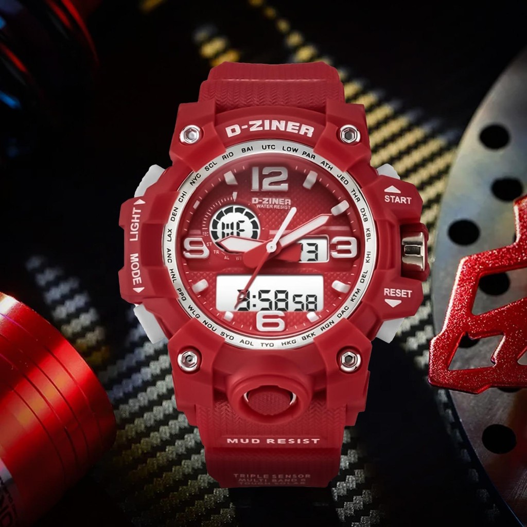 Dziner Jam Tangan Wanita 8208 Rubber Double Time Kaca Stainless Watches Waterproof 5 ATM Quartz