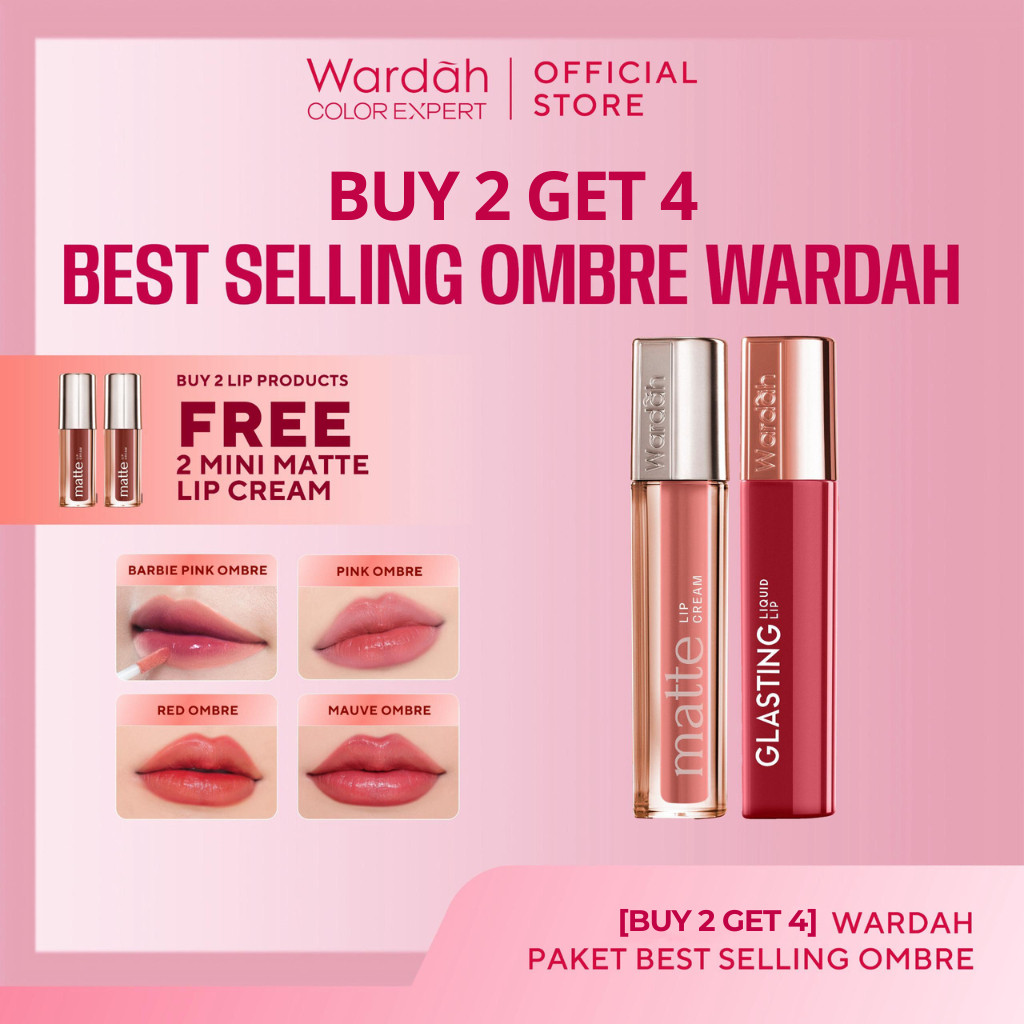 [BUNDLE OMBRE] WARDAH Paket Ombre Glasting Liquid Lip - Liptint-Lip-Stain-Lipgloss-Lipstik-Lip Tint-