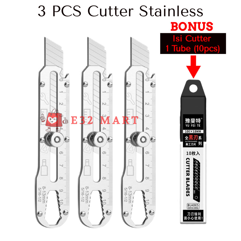 

E32 - [BUN] Pisau Cutter Baja Isi 3 Pcs + 1 Tube Isi Refill Cutter | Cutter Bonus Refill Pisau