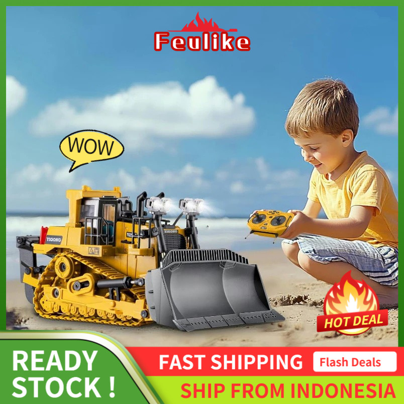 Feulike Remote Control Bulldozer Crawler Kendaraan 9 Channel Dozer Front Loader Mainan Cahaya Suara