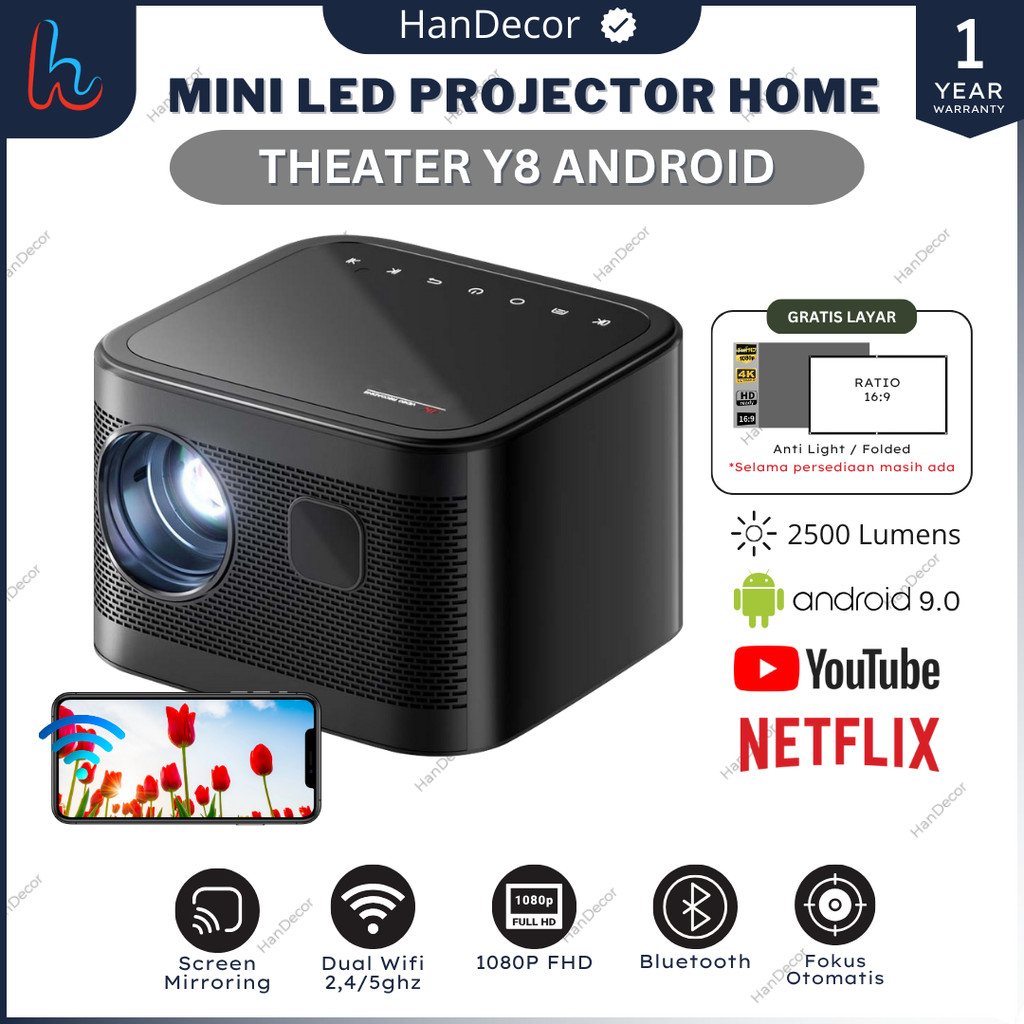 SMART PROYEKTOR MINI LED Y8 ANDROID 9.0 2500 LUMENS SUPPORT 4K | PROYEKTOR ANDROID MINI Y8 WIFI SCRE