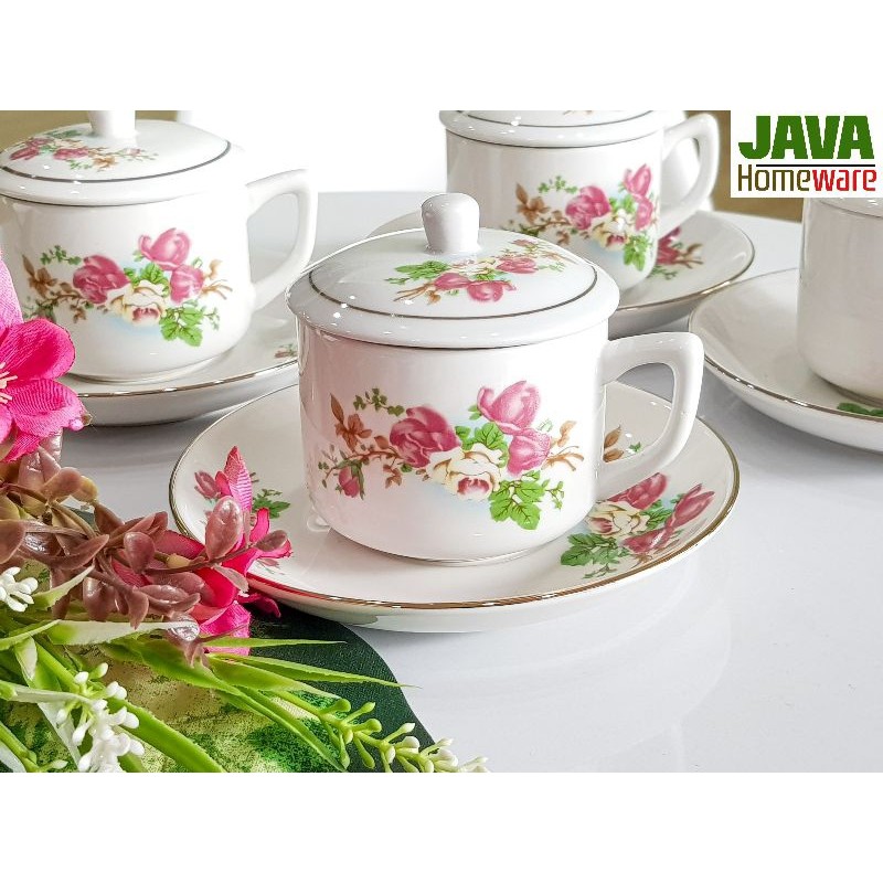 CANGKIR TATAK TUTUP KERAMIK BUNGA ( Isi 6 cangkir 6 lepek) / CANGKIR TATAK JADUL Untuk Kopi dan Teh