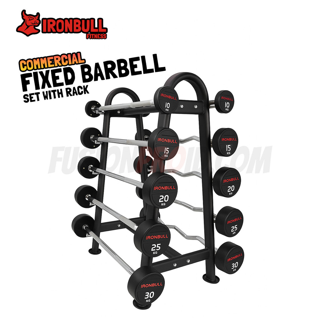 PAKET LENGKAP IRONBULL Fixed Barbell Set 10-30 KG Lurus & Curl IMPORT + RACK Alat Fitness Gym