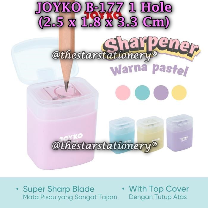 

(1 Pak Isi 24 Pcs) GROSIR Rautan JOYKO B-177 Pastel 1 Hole / Sharpener Joyko B-177 (1 Pack/24 Pcs)