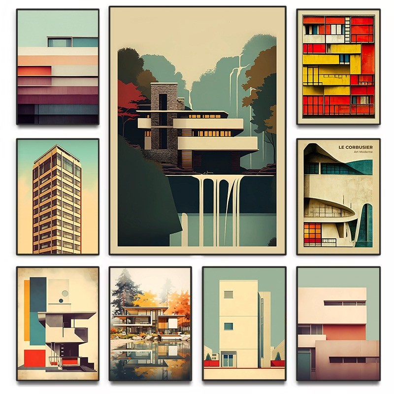 

Minimalist Abstract Fallingwater House Bauhaus Le Corbusier Classic Architecture Poster Canvas Painting Wall Picture Home Decor