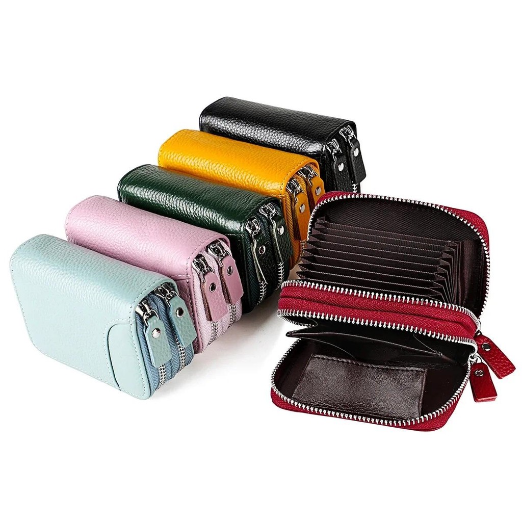 

New Double Zipper Short Women's Wallets Japanese Style Multi Slots Cow Leather Card Holder with RFID Blocking Female Coin Purse