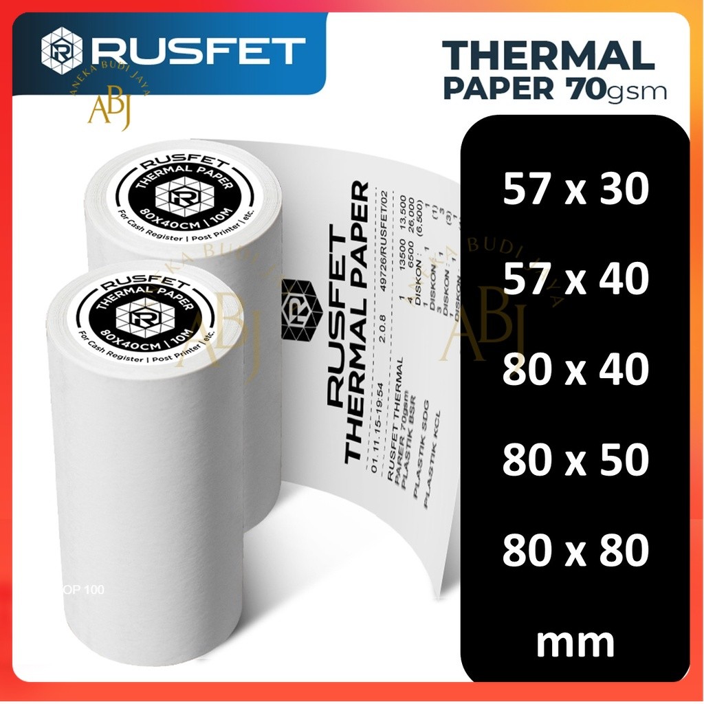 

Rusfet Thermal Paper Roll | Kertas Struk Kasir POS Premium | EDC Edisi PPOB Printer Bluetooth Portable | Direct Termal Struck Coreless Barcode BCA BRI Mandiri VSC Blueprint | 57x30 / 57x40 / 80x40 / 80x50 / 80x80 -