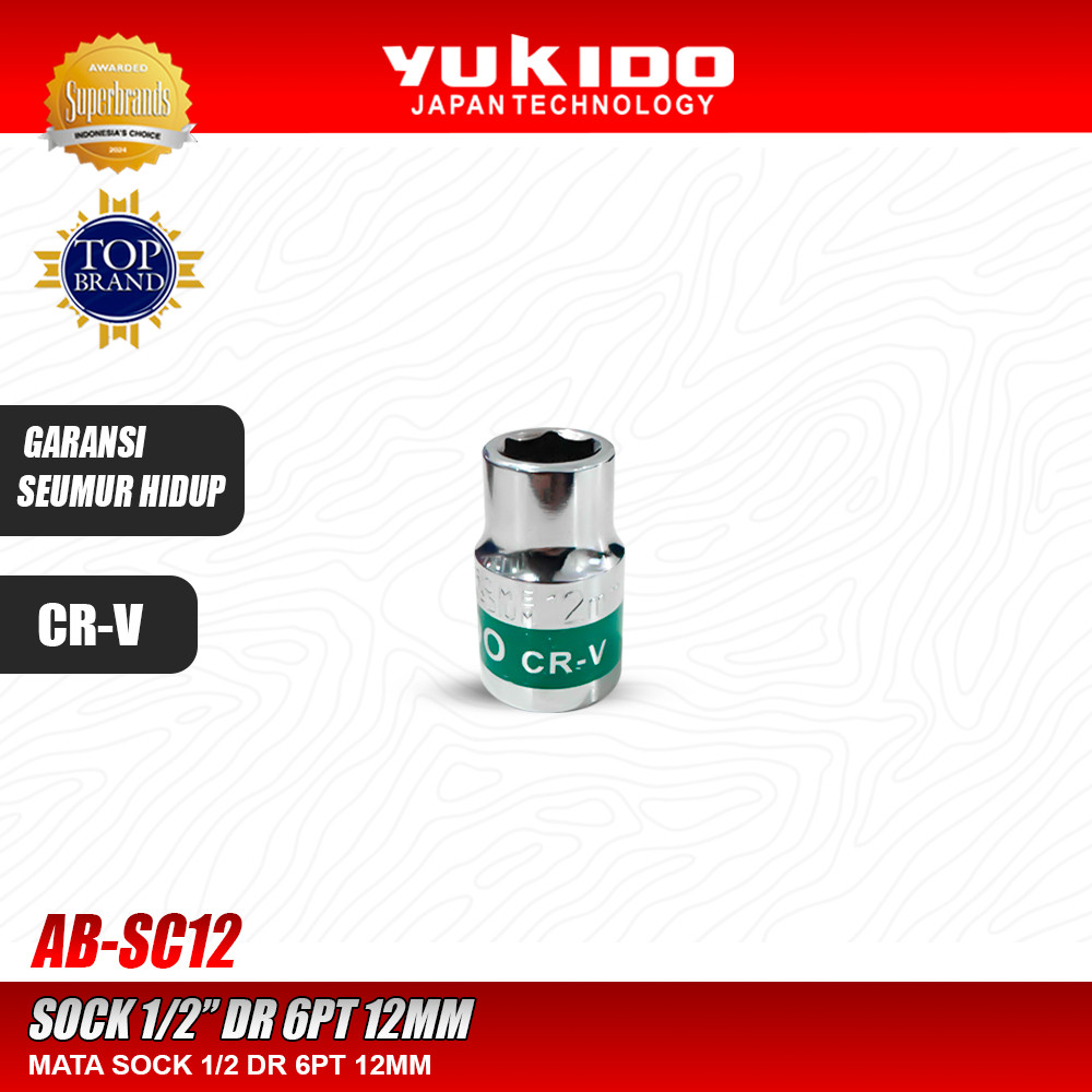 YUKIDO Mata Sock 1/2" DR 6PT 12MM - Socket 1/2" 6PT 12MM Yukido AB-SC12