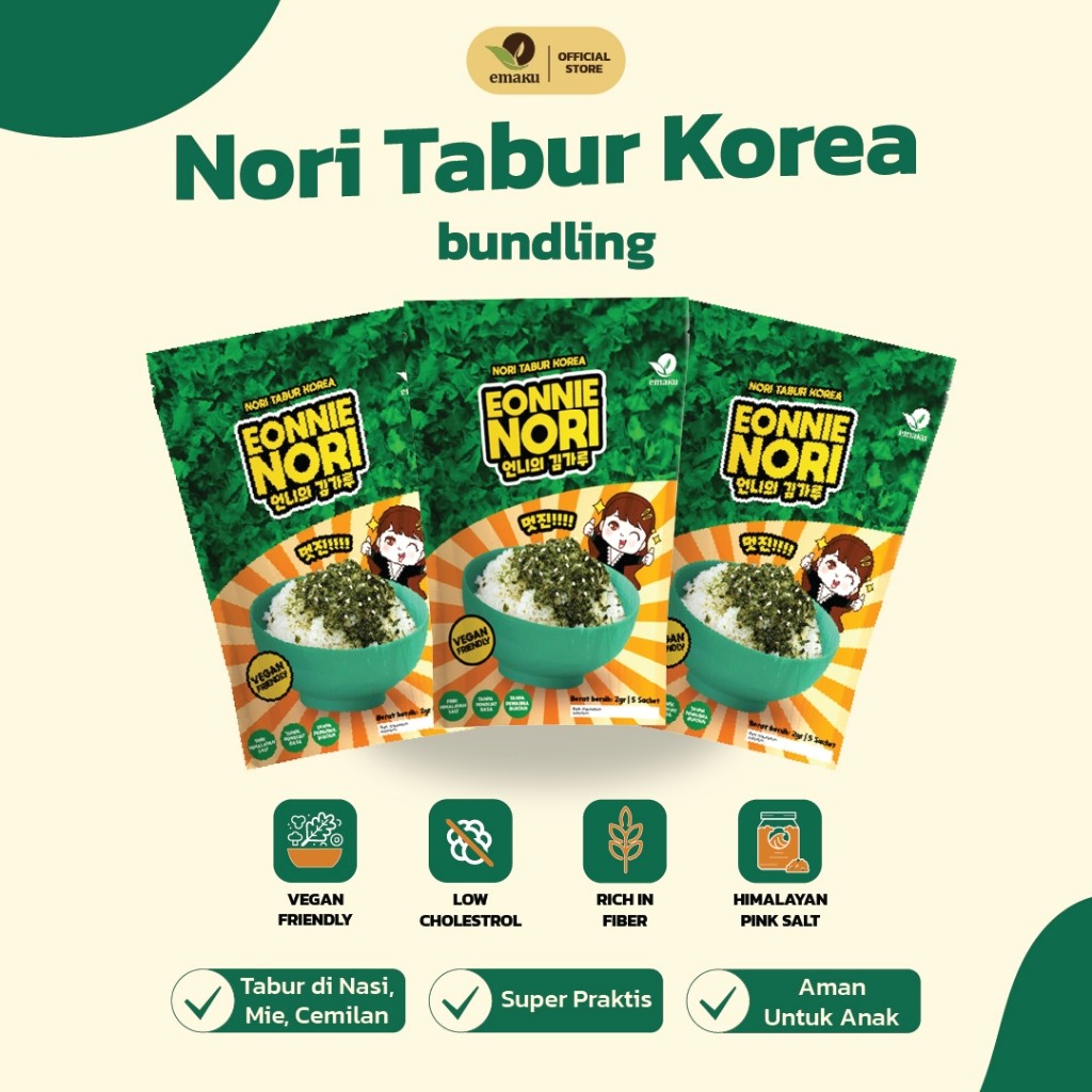 

[Bundling] Emaku Eonnie Nori Paket Isi 3 Pouch - Nori Bumbu Tabur Korea No MSG | Bumbu Tabur | Rumput Laut