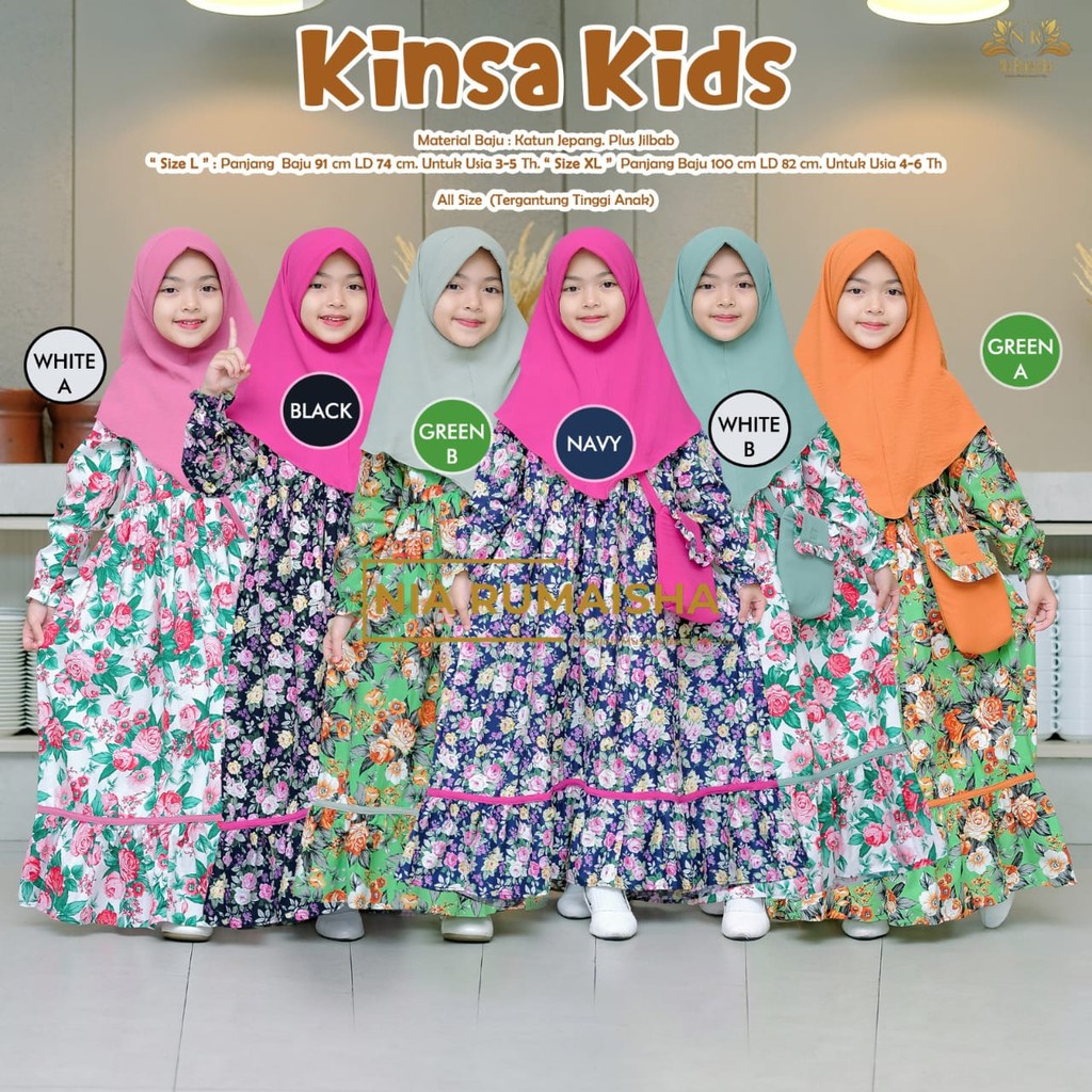 Kinsa Kids Gamis Anak Motif Bunga Nia Rumaisha - Gamis Dress Anak Perempuan Set Hijab