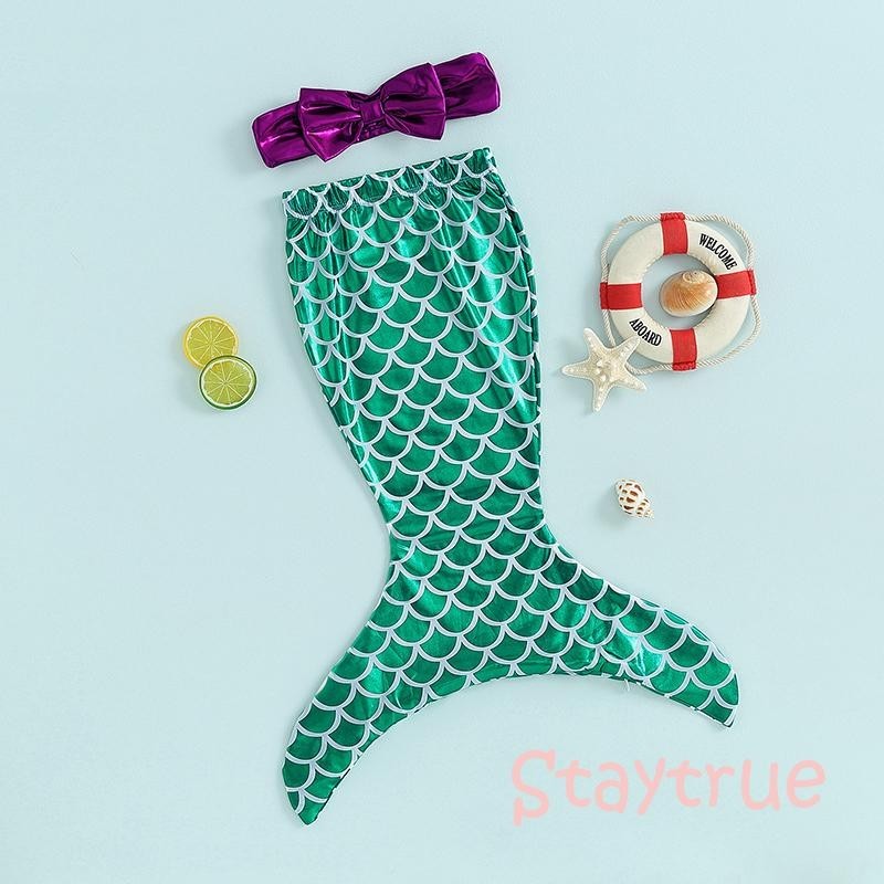 Set Bikini Ekor Putri Duyung Bayi Perempuan Anak-anak Atasan Tabung Busur Berkilau dan Pakaian Renan
