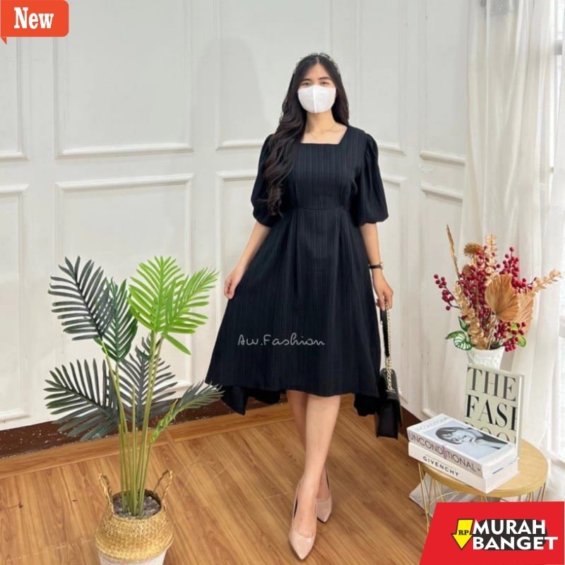 dress wanita kekinian Ha joon dress - korean dress - puff sleeve dress - a line dress - flare skirt 