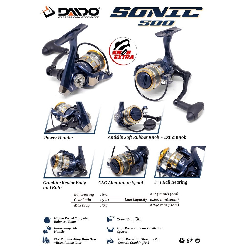 REEL PANCING DAIDO SONIC POWER HANDLE 9 BEARING 500 GRATIS TUTUP KNOB