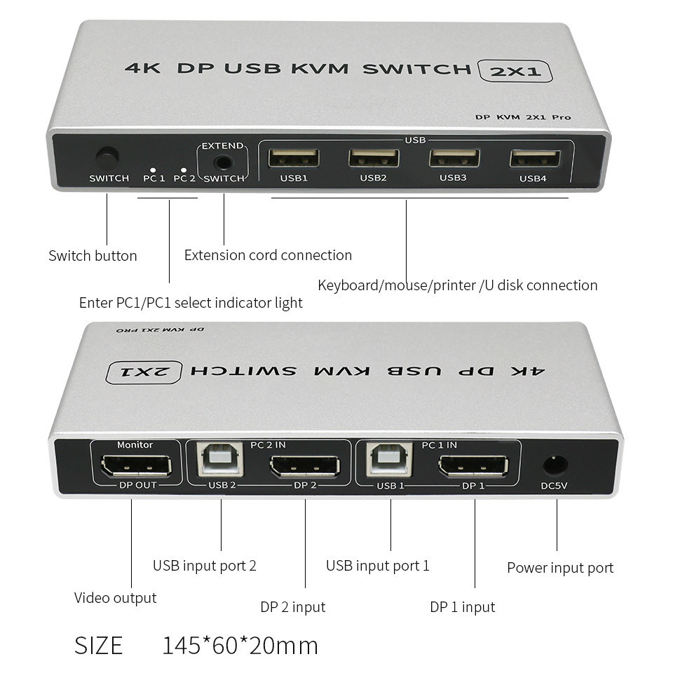 Dual-port Displayport KVM Switch 8K@60Hz USB Displayport KVM DP Switcher 4KX2K/60Hz Displayport 2 in