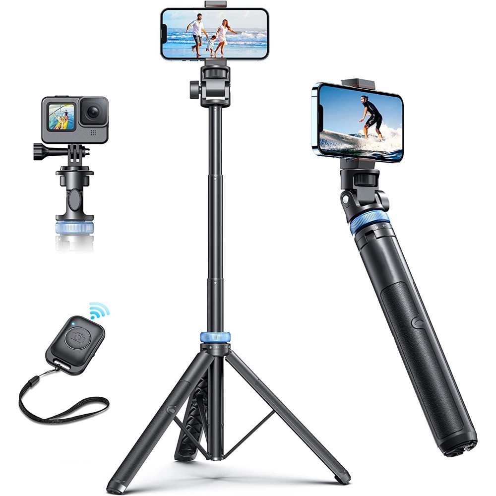 Selfie Stick Tripod for iPhone 15 14 13 12 Pro Max Plus Samsung GoPro Lightweight With Wireless Blue