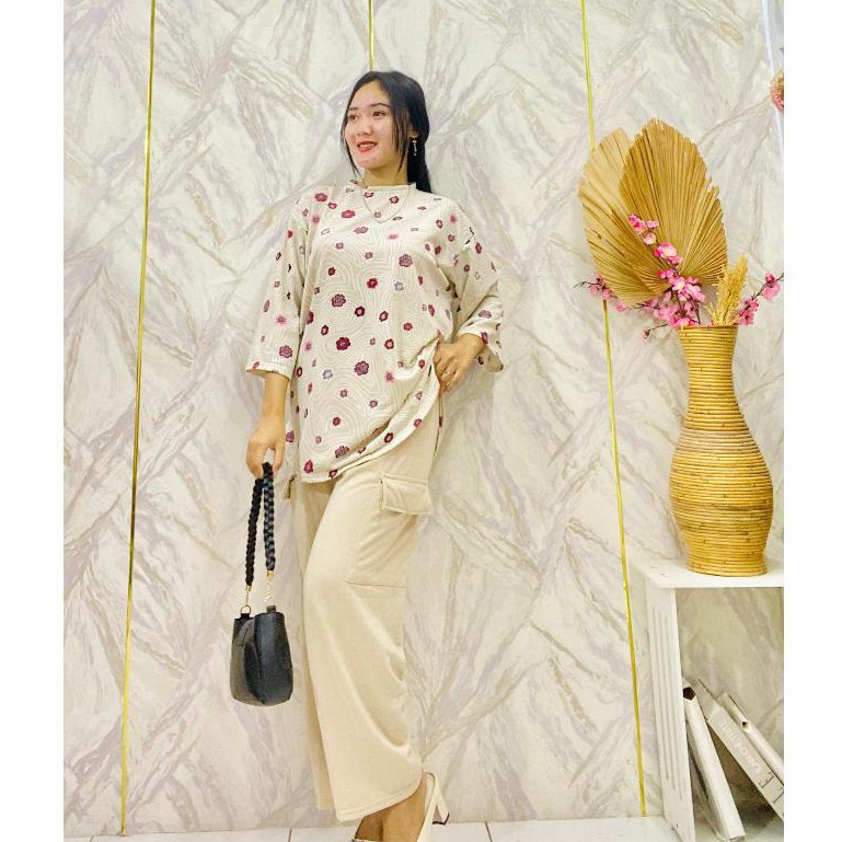 R.A - RPF ONESET CELANA CARGO WANITA SASA / SET CARGO SET FLOWER / PAKAIAN WANITA SIMPLE CASUAL / SE