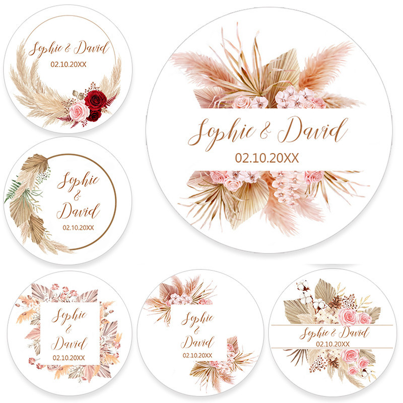

Pampas Grass Custom Name Date Round Circle Label Stickers Personalized Thank You Stickers for Bridal Shower Party Favors