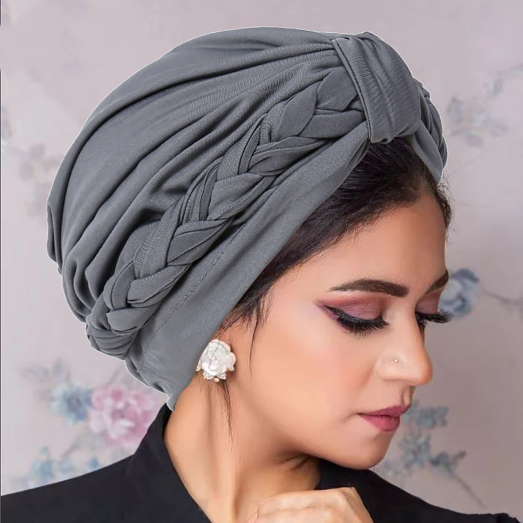 

Solid Color Women Turban Hijab Caps Twist Braid Headwrap Pre Tied Chemo Cancer Bandana Headscarf Hair Cover Wrap