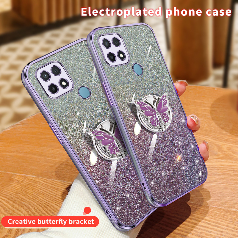 New Phone case Oppo A15 A15s Back cover Rhinestone Colored metal Butterfly Holder Bracket +Glitter C
