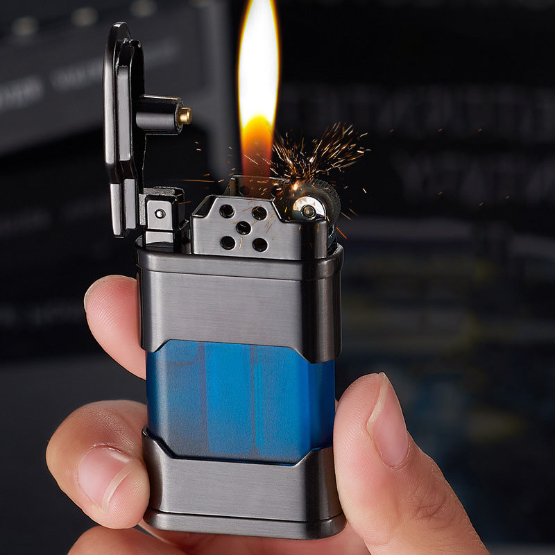 Korek api unik keren - Tahan Angin Roda Tangki Minyak Transparan Pemantik Gas Butana Antik Logam