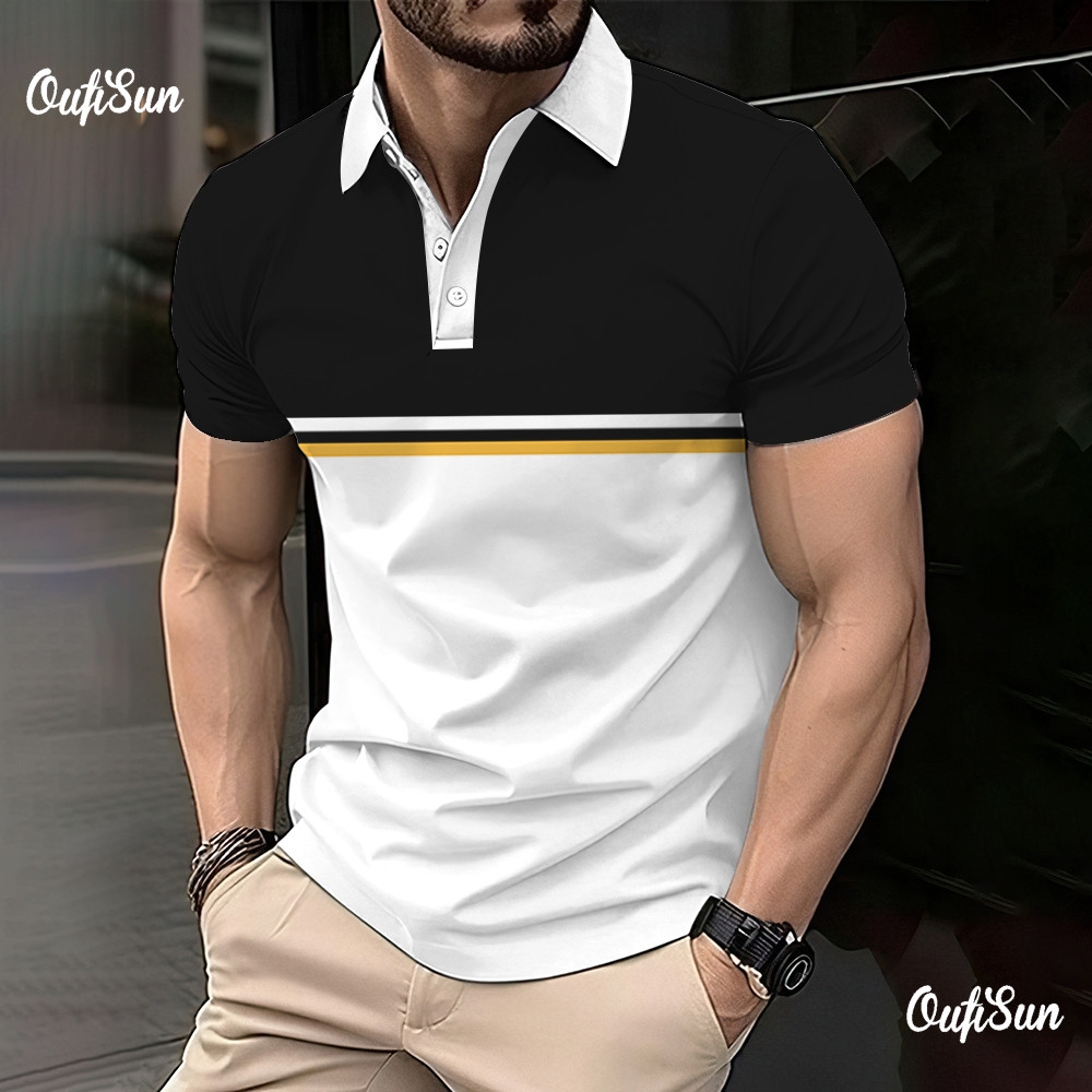 Men‘S Polo Shirt Stripe Print Simple Male Clothing Summer Casual Short Sleeve Loose Oversize Shirt F