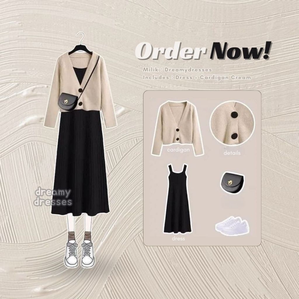 One Set 63 - 2in1 Setelan Inner Dress Hitam cardigan Cream Korean Style OOTD Hangout Ngopi Jalan San