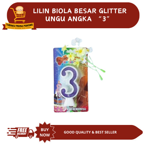 LILIN BIOLA BESAR GLITTER UNGU ANGKA 3 - BIRTHDAY CANDLE
