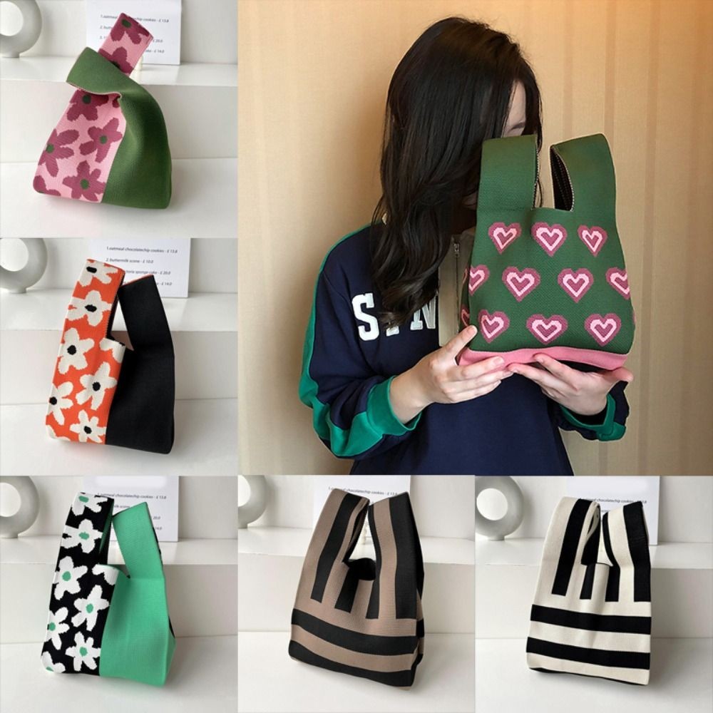

Knitted Wrist Bag Women Bag Casual Shoulder Tote Bag Flower Heart Female Reusable Shopping Bags Woven Handbag