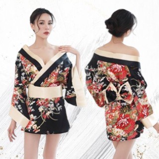 DYA369 { Dejourney } Floral Satin Kimono - Kimono Satin Hitam dengan Motif Bunga Elegan Geisha