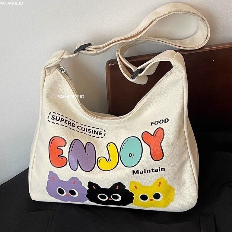 YAHAO-Tas Kanvas Kapasitas Besar Wanita Kartun Tas Pelajar Serbaguna Tas Bahu Buku Kampus Tas Selemp
