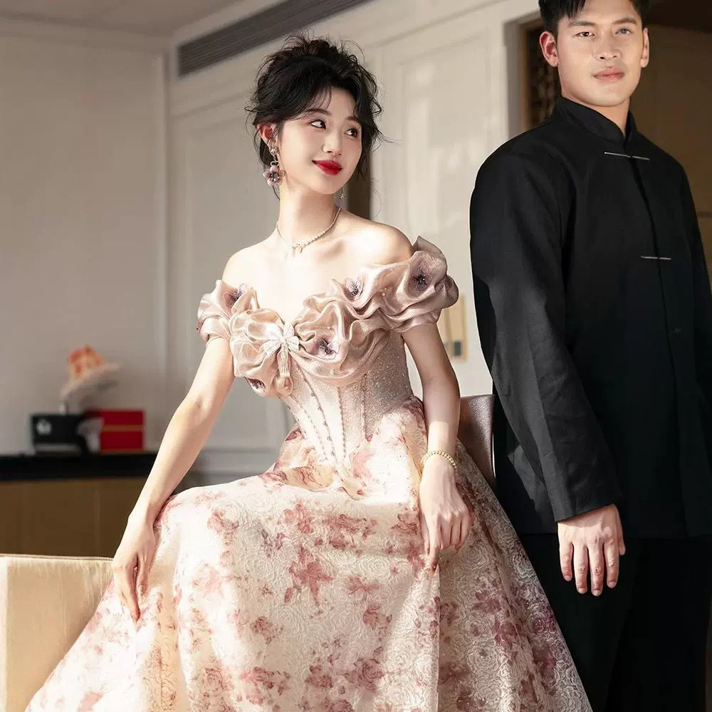 FW24-24907 Gaun Pesta Wanita. Women's Off Shoulder Ruffled Bridal Fairy Flower Wedding Dress