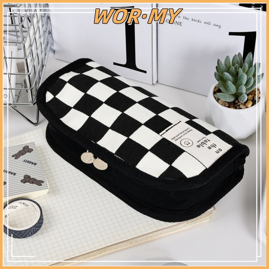 

【WOR·MY】Kotak pensil/kotak pensil kotak-kotak hitam putih/tempat alat tulis Jepang berkapasitas besar