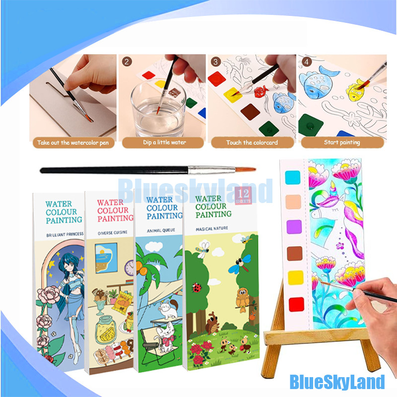 

1 Set Paket Lukis / Paket Melukis anak / Buku Mewarnai Catatan Cat Air Anak-anak / Buku Lukisan Air Warna Terang
