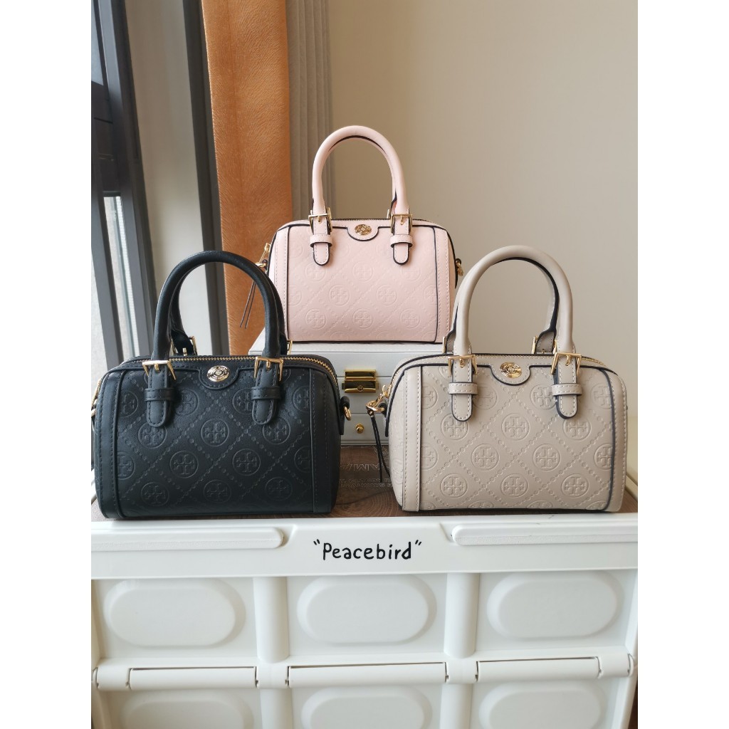 New Counter ORI Tory Burch 1620 45000-1 embossed Boston TB Monogram wine barrel bag