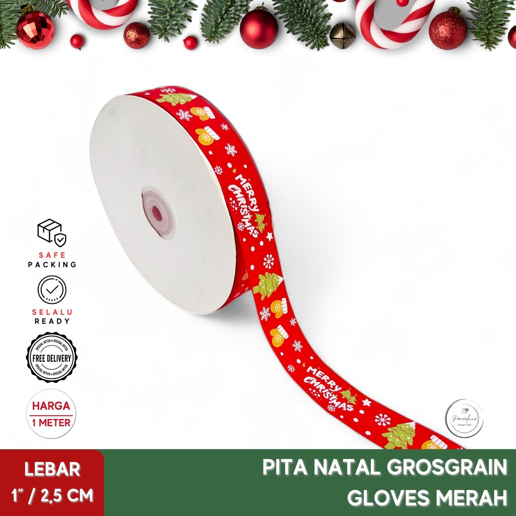 

Pita Hiasan Kado Natal Merry Christmas Gloves Grosgrain Merah 2,5 cm Harga Per Meter