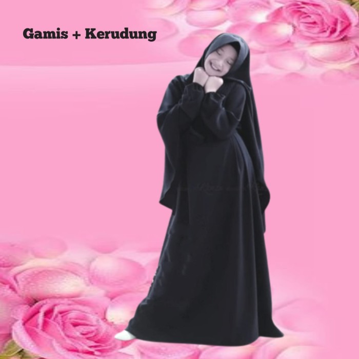Gamis Syari Polos Anak Tanggung Perempuan Umur 11 12 Tahun - Hitam - Putih, M