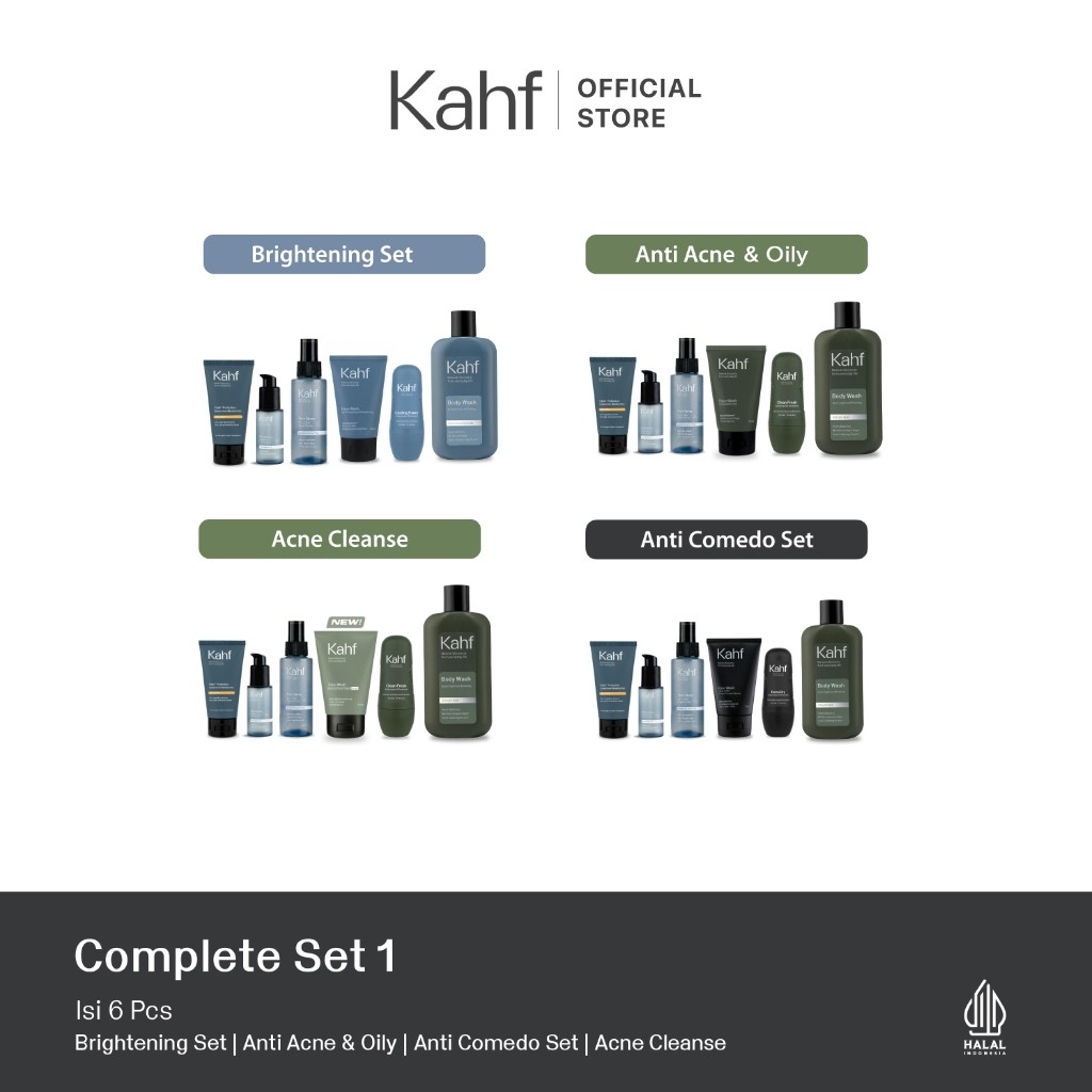 Kahf Complete Set Package 1 - Paket Lengkap Pria Sabun Muka, Sabun Mandi, Sunscreen, Serum Wajah, Sp