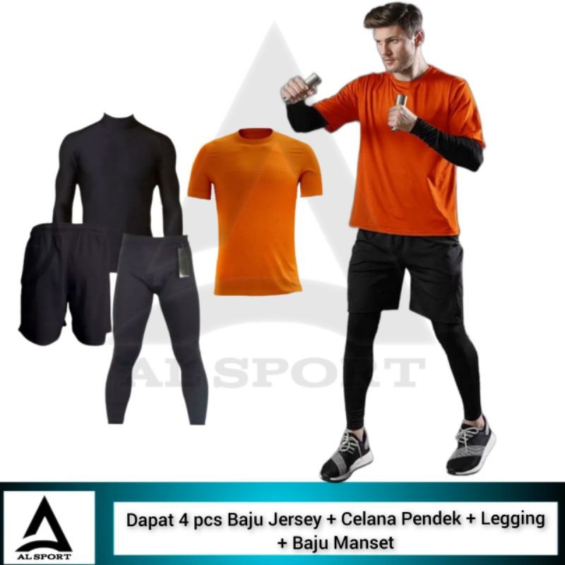 4 IN 1 Olahraga Pria Baju Jersey Celana Pendek Kaos Manset Legging