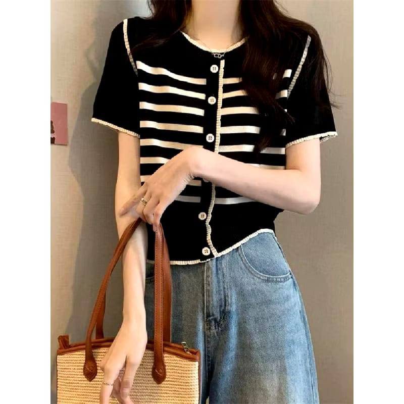 COD-Blouse Salur Atasan Wanita Lengan Pendek Atasan Knit Striped Bahan Rajut Kancing Variasi