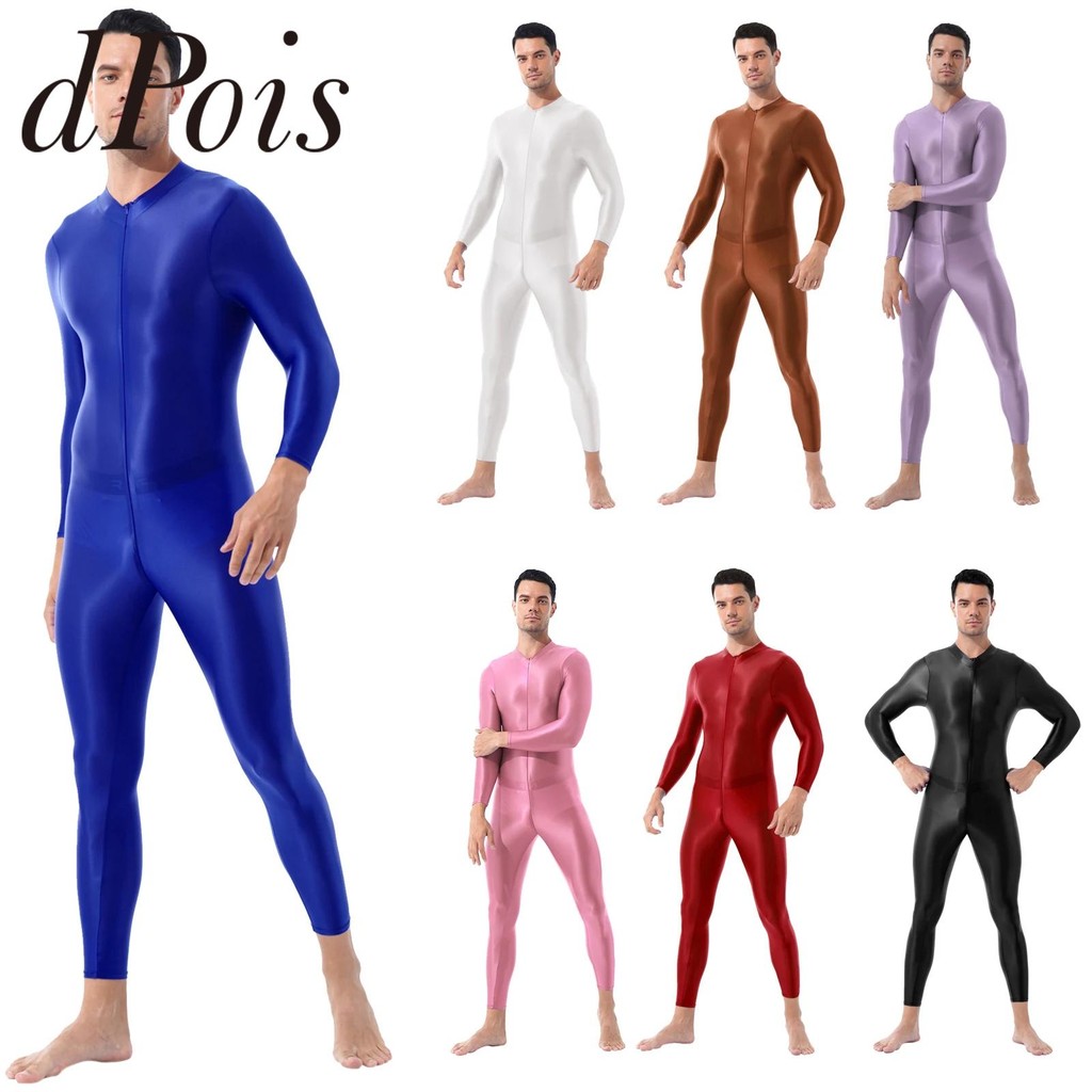 Mens One-piece Smooth Lingerie High Neck Long Sleeves Double-ended Zipper Leotard Workout Fitness Bo