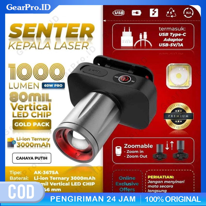 SENTER KEPALA ZOOM AK-3675A 60W PRO 1000 LUMEN - TAHAN LAMA - ZOOM JARAK JAUH