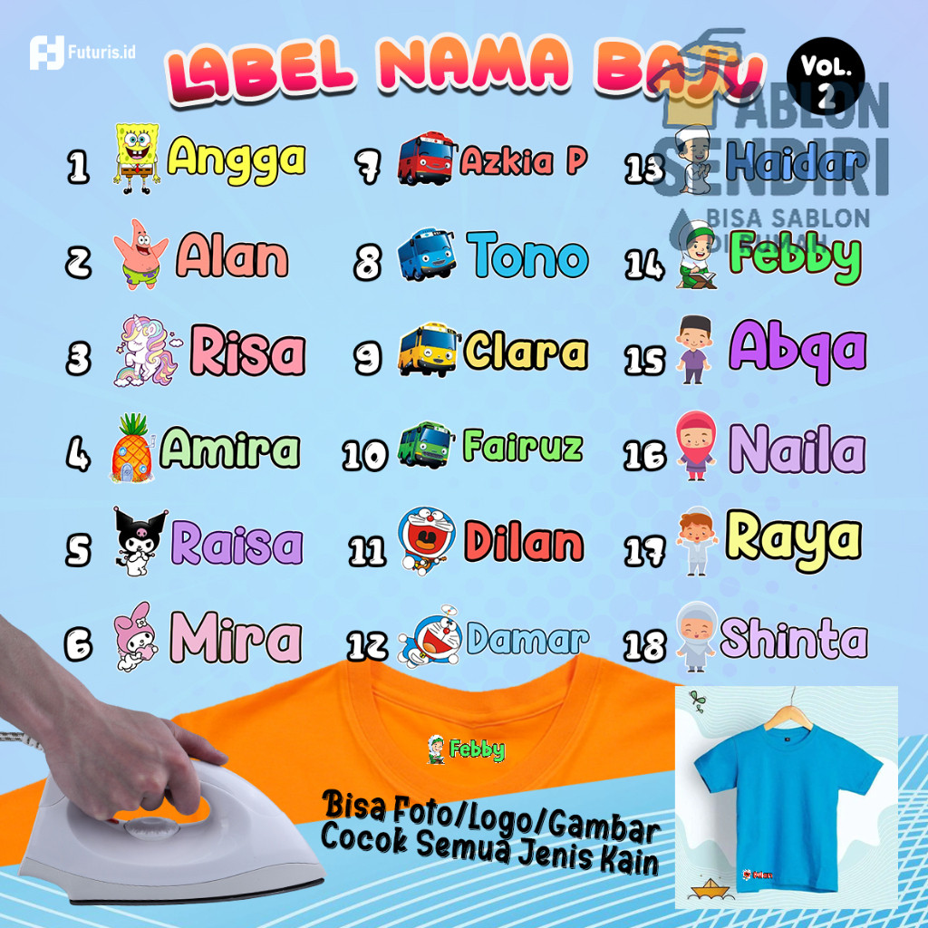 

54pcs STIKER BAJU NAMA CUSTOM - Vol.2 Tanpa Background / Stiker Kain Kaos Lucu/ Setiker Setrika