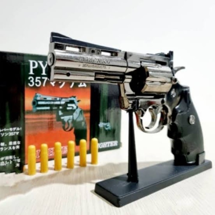 Korek Api Gas Model Pistol Besar Python 6 Peluru Plus Stand Tatakan / Korek Api Pistol mainan Peluru