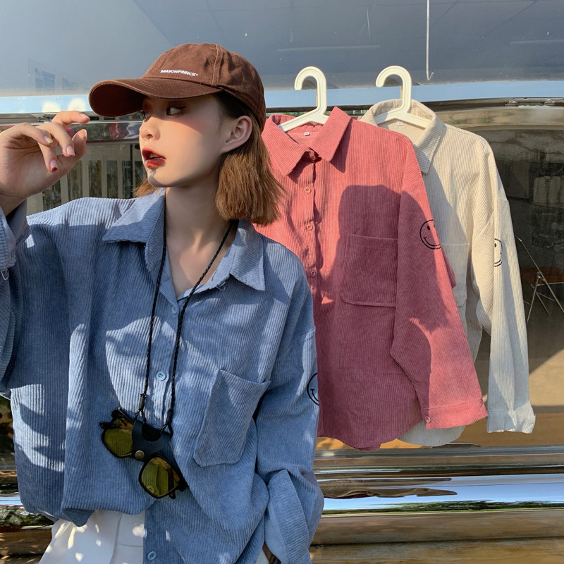 Kemeja Corduroy Wanita  Desain Leher Unik  Gaya Korea Kasual  Jaket Kemeja Lengan Panjang