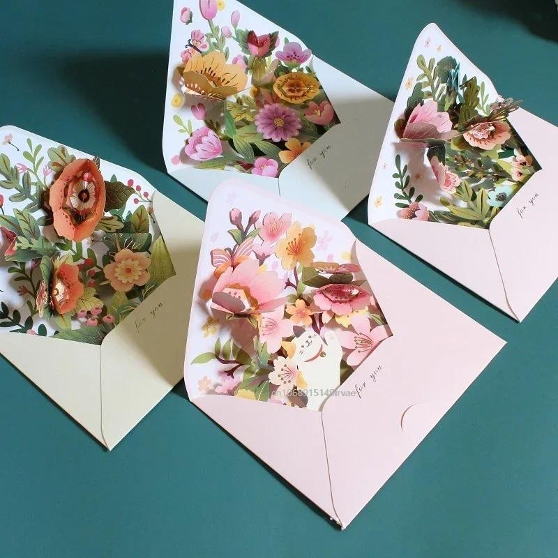 

New Romantic Flower Birthday Card 3D Pop-up Greeting Cards Set Postcard Party Wedding Decor Creative Gifts Cards