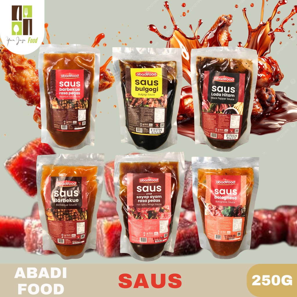 

Abadi Food Saus Instan Kemasan 250g / Saus Bolognese / Saus Barbekue / Saus Sayap Ayam Pedas / Saus Lada Hitam